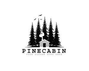 wood cabin logo vector graphic with chimney, smoke, birds, pines and mountain for any business especially for outdoor activity, hunting, travel and holiday relaxation