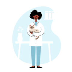 Veterinarian standing and holding thai cat on vet interior background