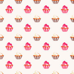 Fototapeta premium Sweet cupcake seamless pattern muffins with raspberry and cream topping