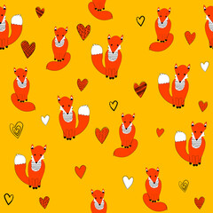 Colorful seamless pattern with hand drawn cartoon foxes