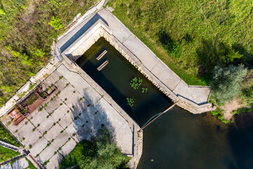 Reinforced concrete water intake on the Protva river, aerial view