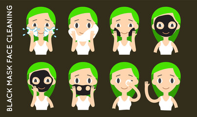 Face Cleaning And Care. Black Mask Step-by-Step Actions Set.