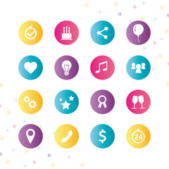 Simple set of icons on theme of holidays. Collection of colorful icons for parties or events