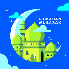 Eid Mubarak and Ramadan colorful composition of mosque, moon card Design