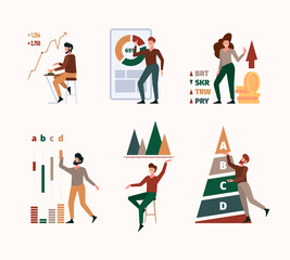 Fototapeta na wymiar Benchmark. Stylized characters with marketing graph company strategy compare business diagram garish vector flat illustrations