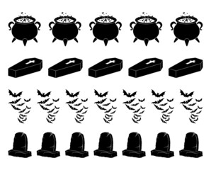 Witches Cauldron divider and more. Halloween border set. Simple vector design with spooky symbol. Horror holiday document template for your design.