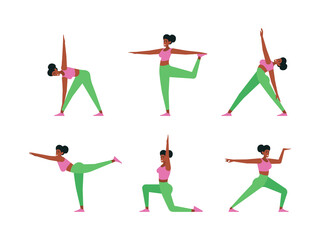 Yoga characters. Healthy lifestyle active female person in yoga poses sportive stretch fitness young people garish vector flat illustrations