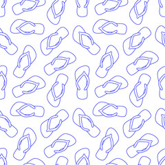 Flip flops blue outline seamless pattern on white background. Vector illustration.