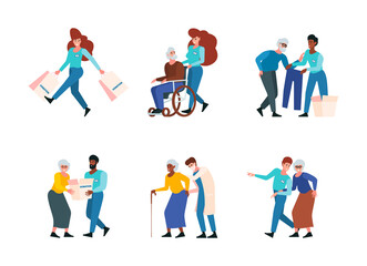 Fototapeta na wymiar Social workers. Support service for poor people nurse helping to elderly in wheelchairs garish vector people illustrations in flat style