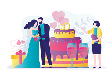 Registry office worker conducts wedding ceremony. Groom and bride in traditional wedding clothing