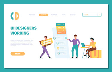 UI builders. Landing page of designers and programmers making various web frames holding dividers creative workers garish vector template