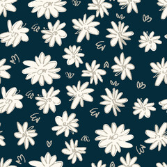 Seamless pattern with hand drawn meadow flowers in Ditzy style. Vector illustrations on dark background for surface design and other design projects