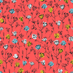 Seamless pattern with hand drawn meadow flowers in Ditsy style. Colorful illustrations on light blue background for surface design and other design projects
