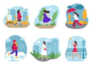 Woman seasonal graphic. Female walking with umbrella outdoor season human rainy and snowy day falling leaves recent vector illustrations