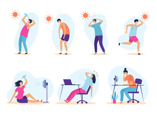 Fototapeta na wymiar Hot weather. People summer problems tired sunny persons outdoor warm healthcare exhaustion recent vector flat illustrations