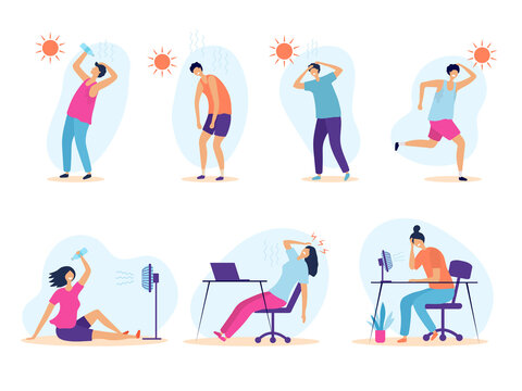 Hot weather. People summer problems tired sunny persons outdoor warm healthcare exhaustion recent vector flat illustrations