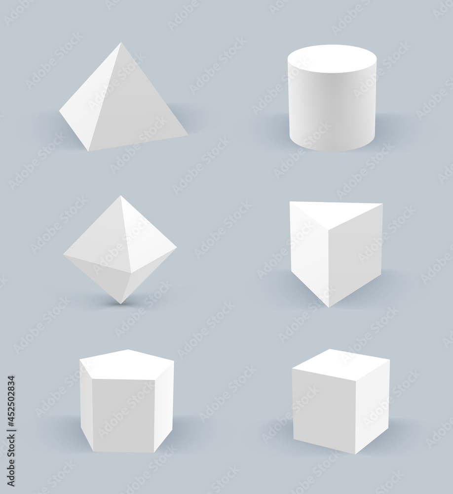 Poster geometric realistic shapes. 3d stars hexagon basic circles cubes pyramid balls decent vector geometr