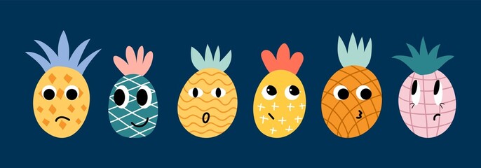 Naklejka premium Doodle pineapple. Cute pineapples faces, emotional fruits avatars. Colorful abstract fresh products characters vector set