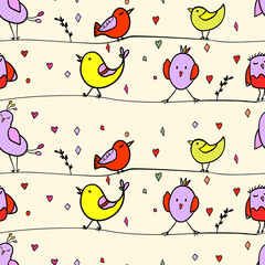 Seamless pattern with funny colorful birds sitting on wires. Color flat vector illustration with little cartoon bird. Cute characters. Template design for invitation, flyer, textile, fabric for kids
