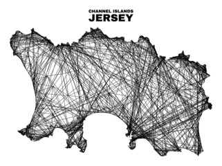 Wire frame irregular mesh Jersey Island map. Abstract lines form Jersey Island map. Wire frame 2D network in vector format.