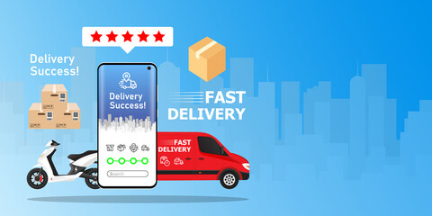 Online delivery phone concept. Fast respond delivery package shipping on mobile. Online order tracking with map. Vector illustration