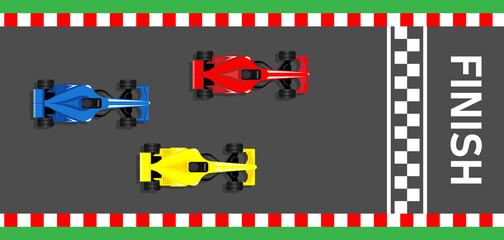 Racing sport cars f1 racing bolid to finish line top view illustration vector