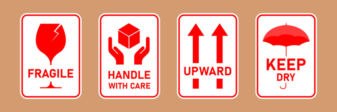 Fragile package icons set, handle with care logistics and delivery shipping labels. Fragile box, keep dry umbrella, cargo warning vector signs