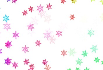 Light Pink, Green vector background with beautiful snowflakes, stars.