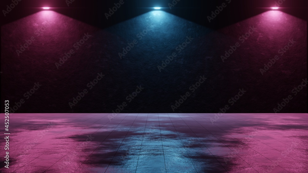 Poster 3d rendering of back stage light in retro red and blue color with light reflection on grunge concret