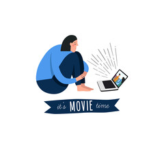 Illustration of a girl sitting on the floor and watching a movie in a laptop. - 452507487