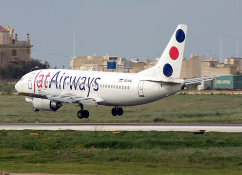 Luqa, Malta March 8, 2005: JAT Airways Boeing 737-3H9 (REG: YU-ANJ) Finals Runway 31.