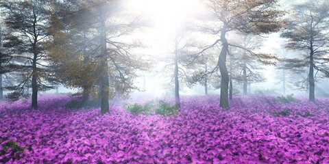 Beautiful autumn park, autumn trees, autumn forest in the morning in the fog ,, 3d rendering