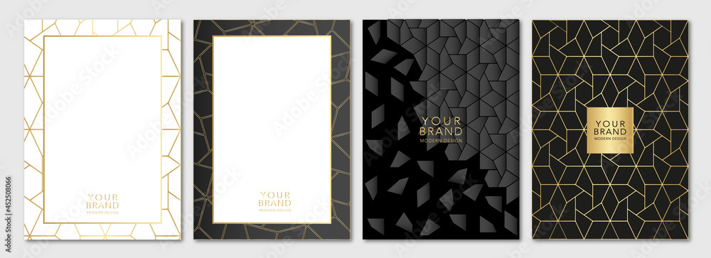 Poster modern premium black and gold cover frame design set. luxury polygon pattern, triangle texture. vect