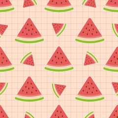 Cute fresh fruit watermelon cut half with grid lines seamless vector pattern design