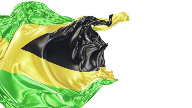 Realistic 3D animation of the national flag of Jamaica as fly away opener rendered in UHD with alpha matte