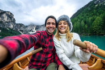Mountain stories. Happy couple on a wanderlust vacation.