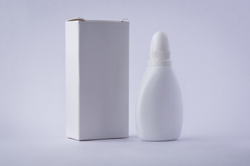 nasal spray bottle with box mockup template, saline or antiseptic drugs for virus, common cold and...