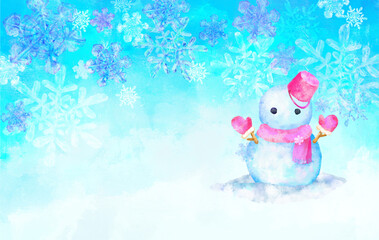手描きの雪だるまと雪の結晶の背景