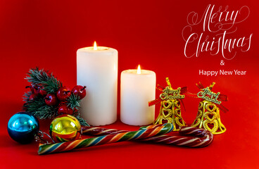 Happy New Year and Merry Christmas! card, banner, flat lay, with text - Merry Christmas,  on a red background