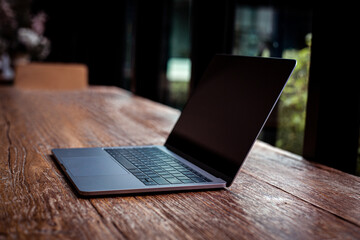 Connection technology background from tablet on table with empty screen for text.