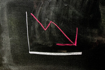 Red color chalk handdrawing in arrow down shape on blackboard or chalkboard background (Concept of stock decline, down trend of business, economy)