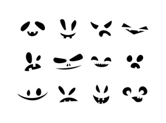 Set of Halloween scary pumpkins cut in various shapes, black collection of eyes and mouths, funny illustration isolated on white background. Vector