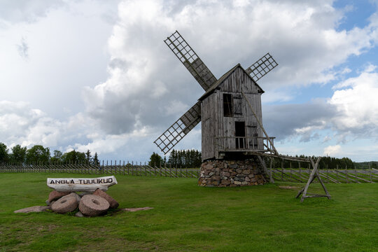 view of the Angla windmills on Saaremaa Island in Estonia