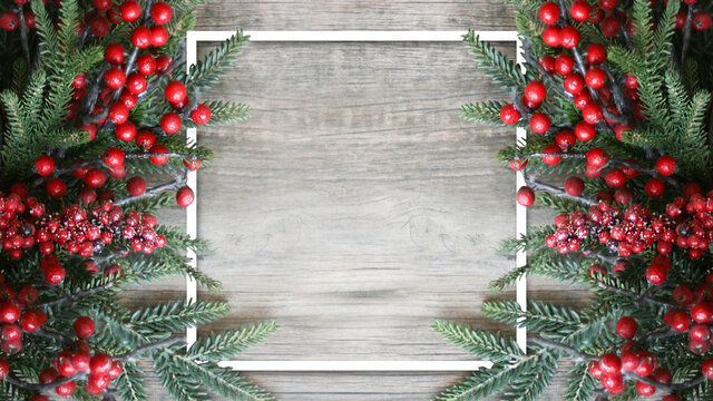 Christmas Winter Holiday Evergreen Branches and Red Berries with White Empty Square Frame Template Over Wood Background Texture with Copy Space