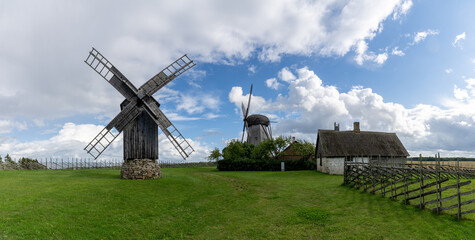 panorama view of the Angla windmills on Saaremaa Island in Estonia