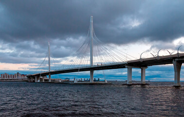 Fototapeta na wymiar View of the cable bridge through the western high-speed diameter. Saint Petersburg, Russia
