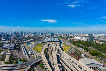 Bangkok skyline with new Bang Sue Grand Station in Bangkok, Thailand. Aerial view of Passenger and...