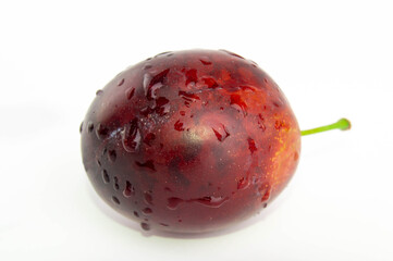 Wet plum on a white background. Macro, freshness