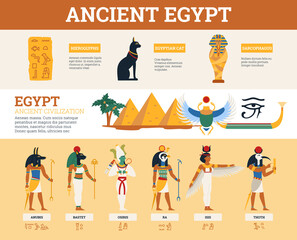 Egyptian ancient symbols and infographics collection, flat vector illustration. - obrazy, fototapety, plakaty