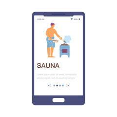 Onboarding screen with man in sauna or steam room, flat vector illustration.